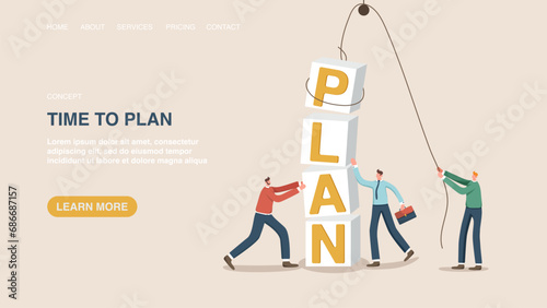 Teamwork and motivation to achieve business goals, partnership in planning successful strategy, brainstorming to build plan to solve problems. Web banner, poster with people putting word plan.