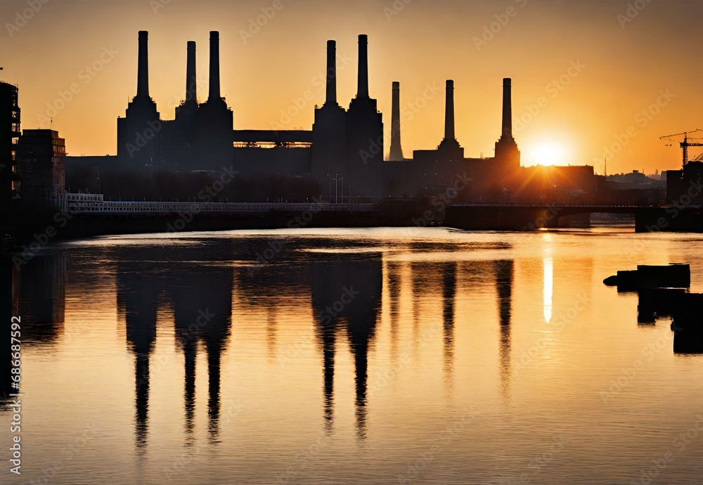 Fototapeta premium Riverside Reverie: Battersea Power Station Silhouetted at Sunset