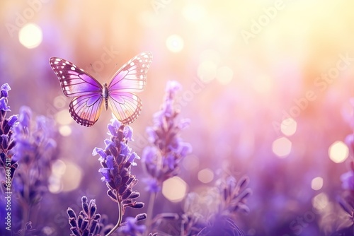 Sunny summer nature background with fly butterfly on lavender flowers © Tymofii