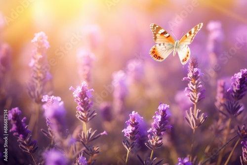 Sunny summer nature background with fly butterfly on lavender flowers © Tymofii