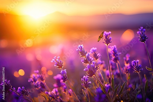 Sunny summer nature background with fly butterfly on lavender flowers