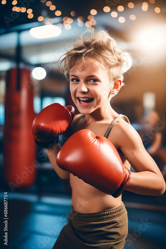Young boy wearing boxing gloves in gym with punching bag.