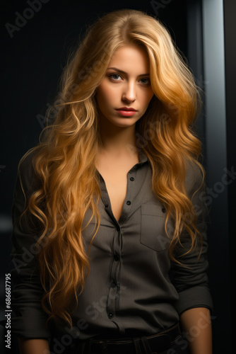 Woman with long blonde hair standing in dark room.