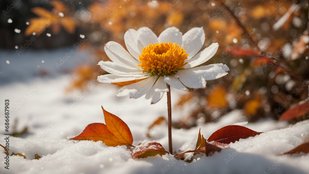 flowers and autumn leaves in the snow