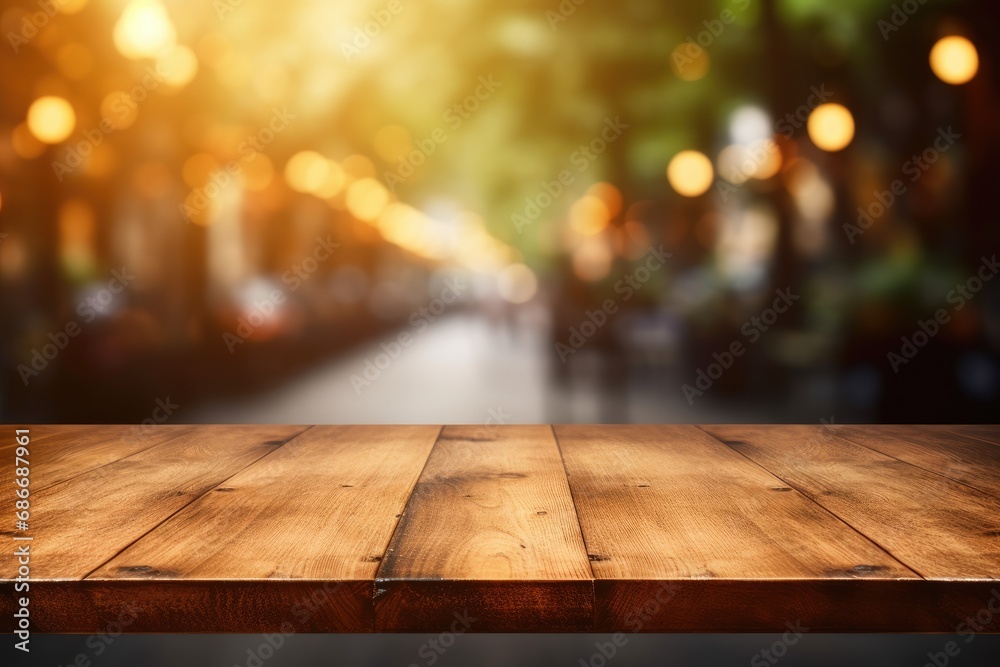 The empty wooden table top with blur street background