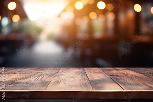 The empty wooden table top with blur street background