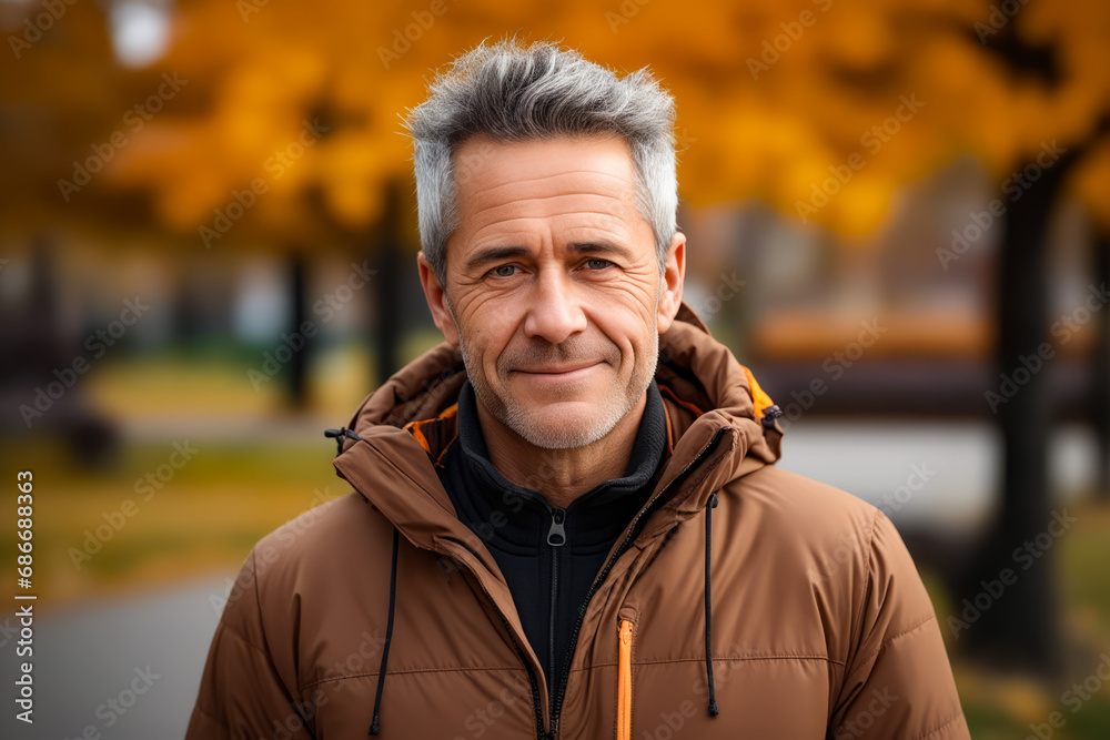 Man with gray hair and brown jacket.