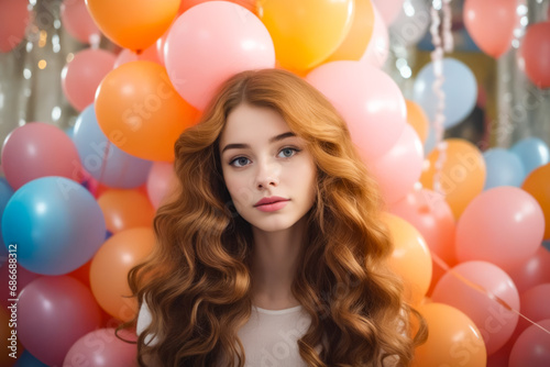 Woman with long red hair standing in front of balloons.