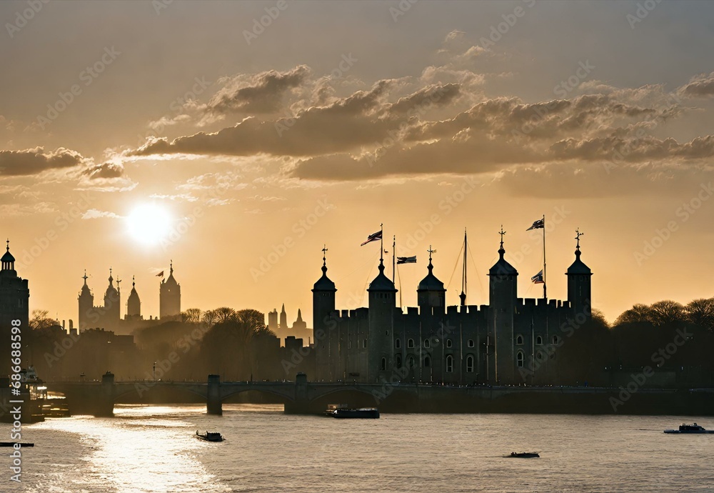 Obraz premium Sunrise Silhouettes: Tower of London Standing Tall in Dawn's Light