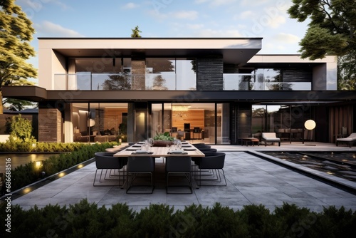 View of luxurious modern house exterior with dining place