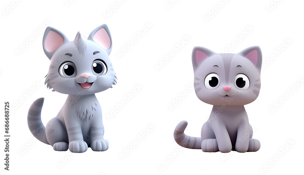 3D Rendered Banner of a Cute Grey Kitty: Set of Plastic Bath Toys for Children, Isolated on Transparent Background, PNG