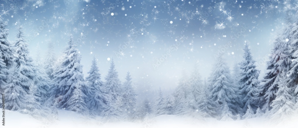 Winter panoramic background with snow-covered Christmas trees