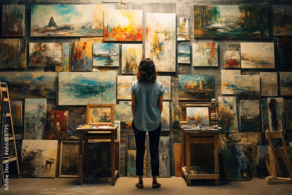 Woman artist standing in front of a wall with many pictures