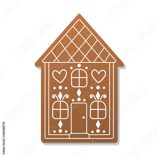 Gingerbread house. Vector hand drawn gingerbread house in a simple flat style. Christmas cookies. Brown and white colors.