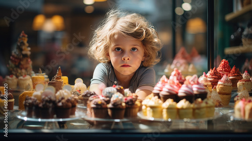 A child looks at a shop window with sweets. photo