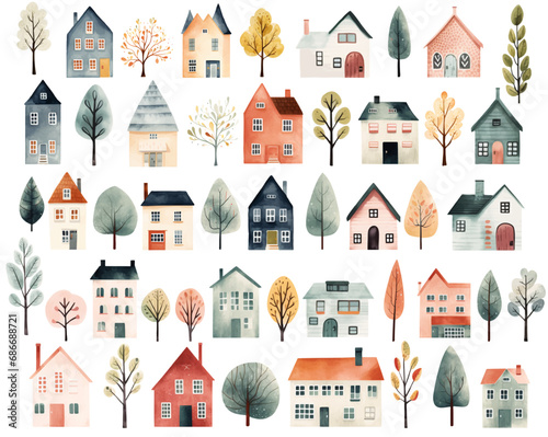 Big set of watercolor scandinavian trees and houses. Cute childish buildings isolated. Trendy scandi vector background