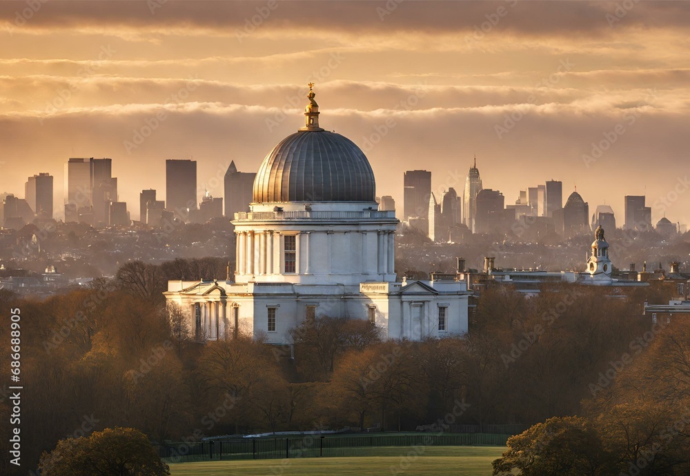 Fototapeta premium Sunrise Symphony: Greenwich Royal Observatory Overlooking the City