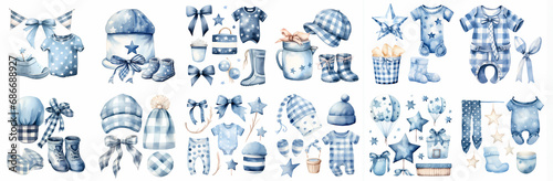 Watercolor boys blue and white clipart set isolated on a white background. 