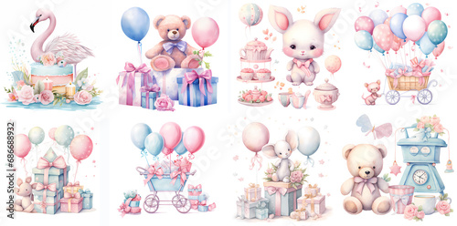 Watercolor newborn girl clipart set isolated on a white background. colorful teddy bears, balloons, rabbits, stroller, baby gifts collection