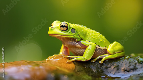 Green frog on a tree branch