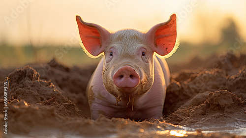 Portrait of a baby pig in a field
