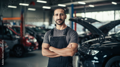 Auto car repair service center. Happy mechanic standing by the car.   © BlazingDesigns