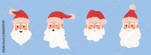 Set with different faces of Santa Claus. Santa in a hat, santa beard, santa in glasses. The character winks, smiles, laughs. Isolated design elements. Hand drawn flat illustration.