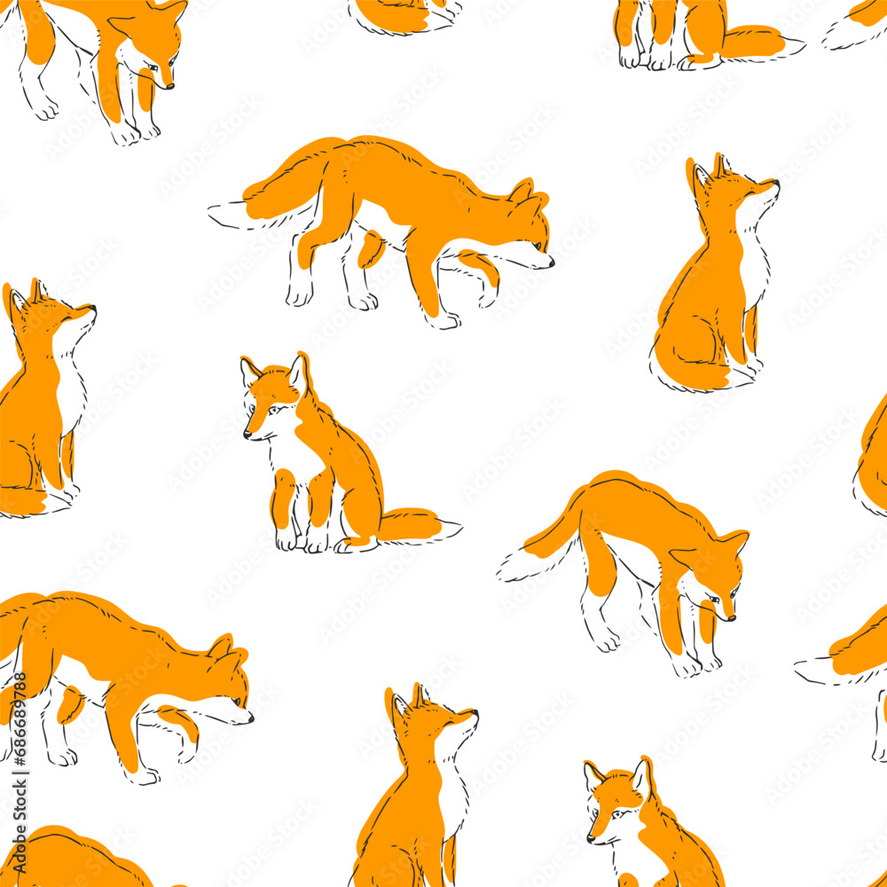 Vector seamless pattern with cute little foxes isolated on white. Hand drawn texture with animals in sketch style. Vector seamless pattern with cute little foxes isolated on white. Hand drawn texture with animals in sketch style.