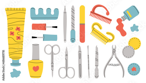 Vector set of manicure tools. Various manicure accessories. Nail scissors, nail file, tweezers, nail polish, hand cream, polish remover, brush etc. Hand-drawn style. All elements are isolated.
