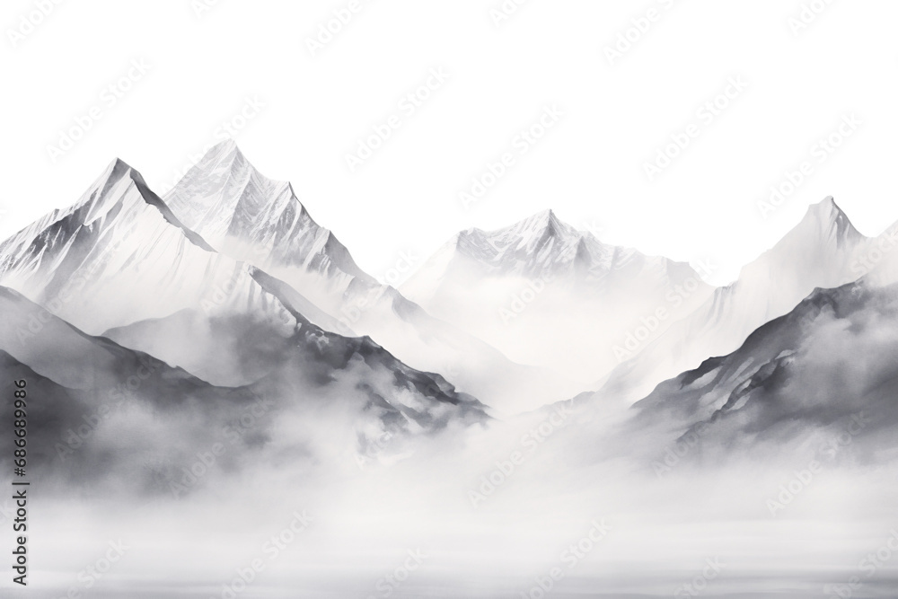 Misty Mountain Peaks - Ethereal Landscape with Fog on Transparent Background, PNG