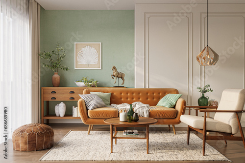 Fototapeta Naklejka Na Ścianę i Meble -  Orange sofa in cozy living room interior with pastel green wall and wood furniture. Wall mockup, 3d rendering 
