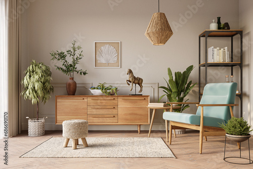 Cozy home interior in light pastel colors with blue armchair, wood sideboard and beautiful decor. Wall mockup, 3d rendering 