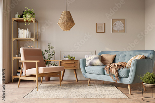 Fototapeta Naklejka Na Ścianę i Meble -  Cozy home interior in light pastel colors with blue sofa, wood furniture and beautiful decor. Wall mockup, 3d rendering