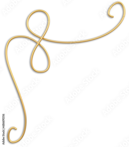 Gold decorative thin corner with curls for text with shadow - 3D rendering