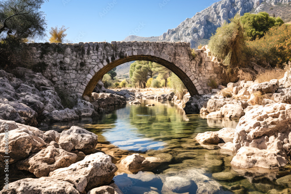 Old stone bridge over a calm river stream in the park Old stone bridge over a calm river stream in the park