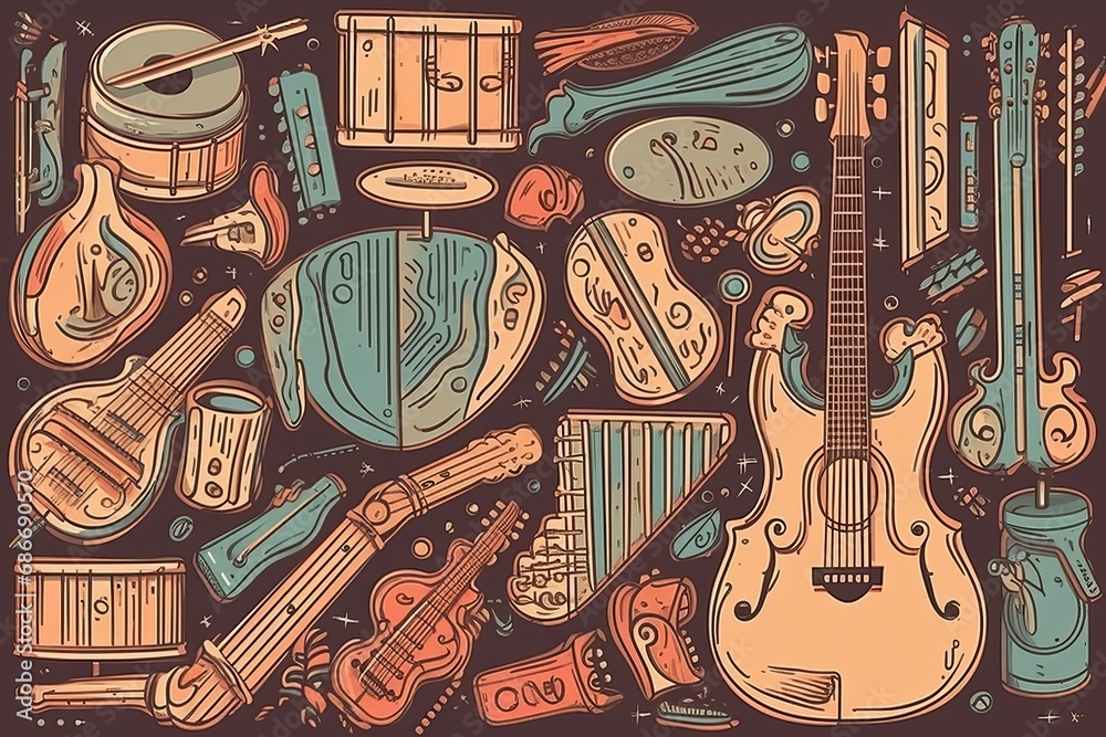 Pattern of different musical instruments illustration in line art style