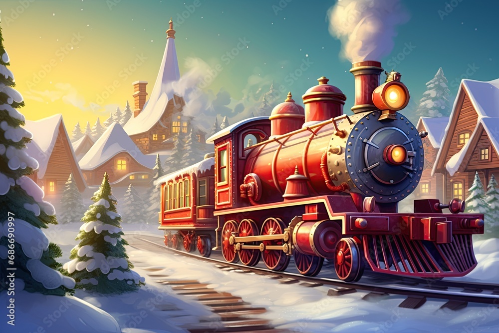 Christmas train drives through North Pole. 1800s steam locomotive in winter Landscape. Ai Generative Christmas train drives through North Pole. 1800s steam locomotive in winter Landscape. Ai Generative
