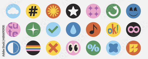 Round retro stickers with signs, abstract symbols, emoticons. Labels in y2k aesthetics, colorful shapes. Vector illustration.