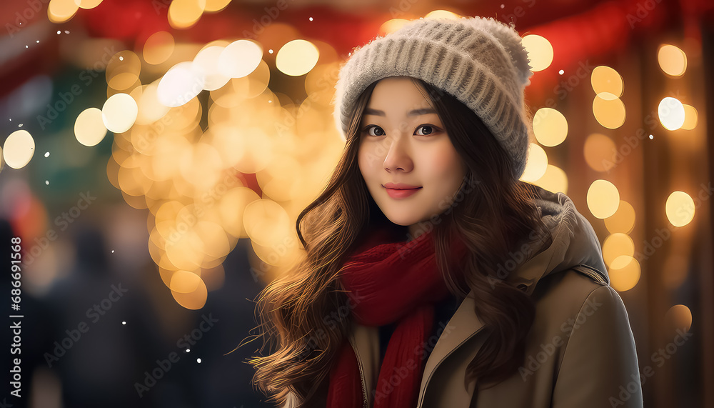 Young Chinese woman wearing a hat at the fair, New Year's concept Young Chinese woman wearing a hat at the fair, New Year's concept