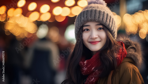 Young Chinese woman wearing a hat at the fair, New Year's concept