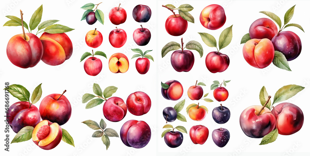 Watercolor stone fruit clipart set isolated on a white background for crafts, invitations, scrapbooking, art projects - obrazy, fototapety, plakaty 