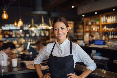 Smiling young saleswoman portrait, attractive cashier serving customers with a friendly demeanor. Generative ai photo