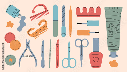 Vector set of manicure tools. Various manicure accessories. Female hands of a master. Nail scissors, nail file, tweezers, nail polish, hand cream, polish remover, brush etc. Hand-drawn style. 