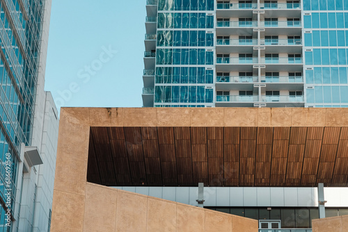 Wooden facade and highrise building in Charlotte, NC