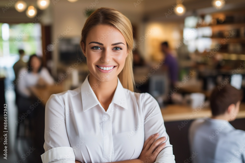 Smiling young saleswoman portrait, attractive cashier serving customers with a friendly demeanor. Generative ai Smiling young saleswoman portrait, attractive cashier serving customers with a friendly demeanor. Generative ai