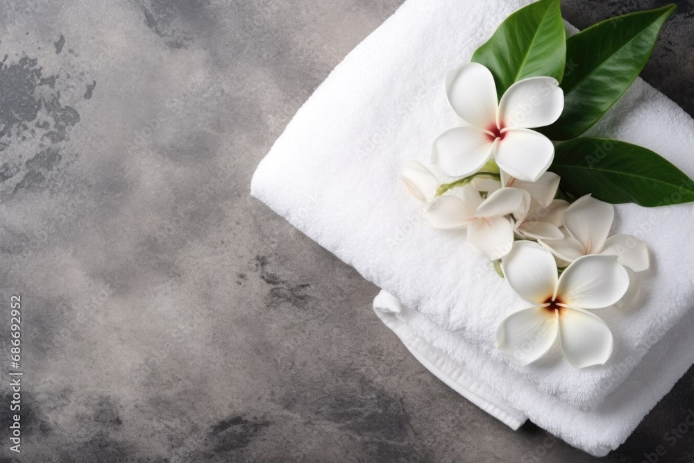 Elegant spa setup with rolled white towels and fresh frangipani flowers on a textured gray marble background. Symbolizing relaxation, wellness. Perfect for spa and self-care themes Elegant spa setup with rolled white towels and fresh frangipani flowers on a textured gray marble background. Symbolizing relaxation, wellness. Perfect for spa and self-care themes