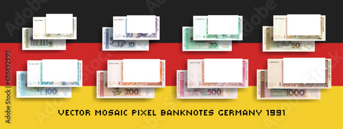 Vector set of pixel mosaic banknotes of the Federal Republic of Germany.  Сollection of bills in denominations of DM 5, 10, 20, 50, 100, 200, 500 and 1000. Obverse and reverse. Play money or flyers.