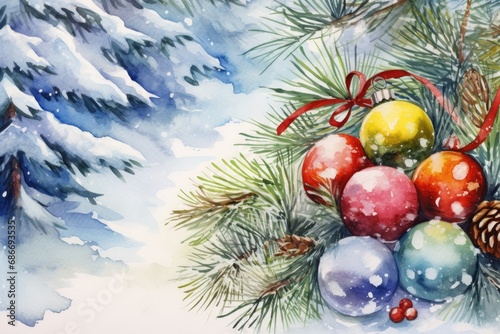 Drawing with watercolor, Merry Christmas and Happy New Year 2024. Christmas tree photo
