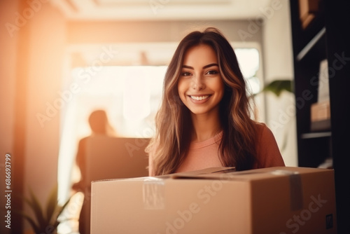 A woman smiles holding a cardboard box. The concept is joyful receiving.