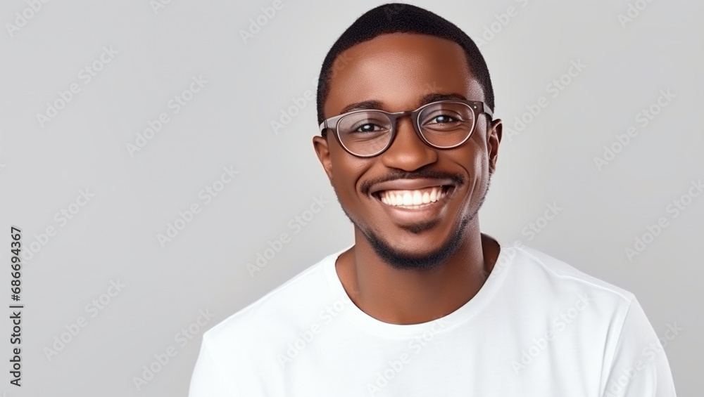 African American man on white background smiling while looking at camera. The photo is suitable for advertising, video and product presentation. African American man on white background smiling while looking at camera. The photo is suitable for advertising, video and product presentation.
